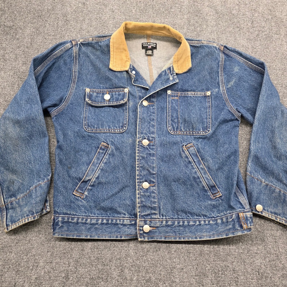 Vtg Polo Jeans Co Ralph Lauren Denim Jacket Blue Corduroy Collar Mens Size M